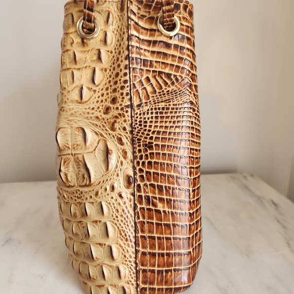 Brahmin Toasted Almond Leather Crocodile-Embossed Drawstring Bucket Bag - Picture 10 of 13